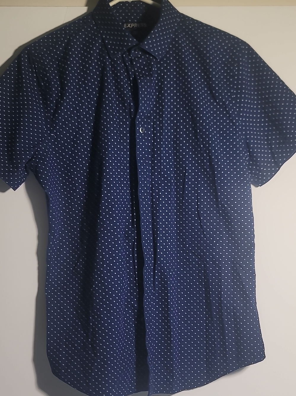 Express Men’s Navy Blue Short-Sleeve Shirt with White Dot Print